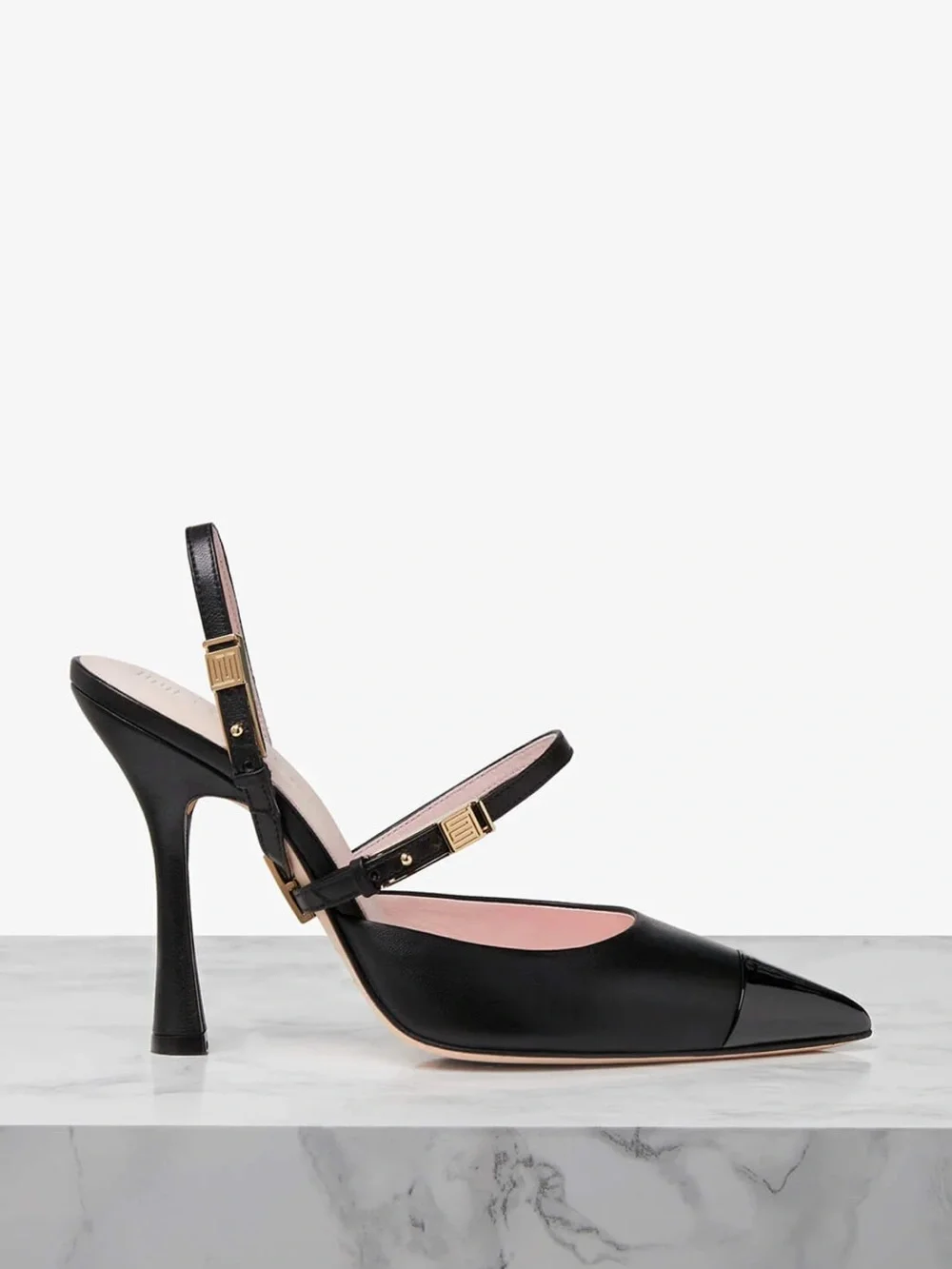 Black Pointed Leather Mule Heels with Double Strap and Gold Accent